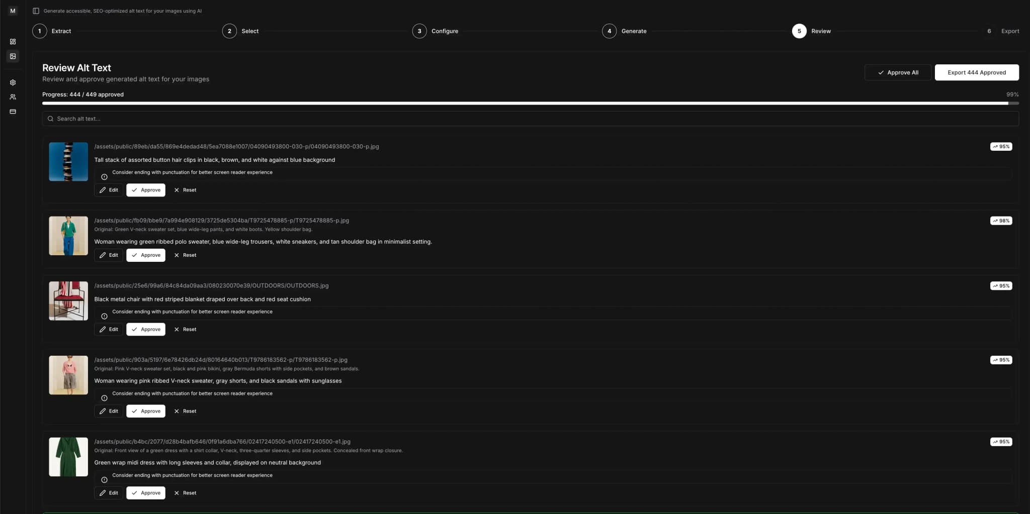 Alt Text Generator processing dashboard showing 95%+ extraction rate